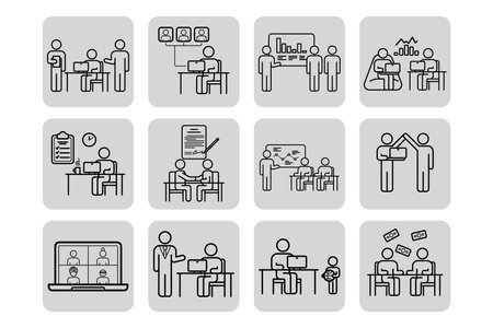 Collection of various line icons representing business activities, including meetings, data analysis, teamwork, and interactive communicationsのイラスト素材