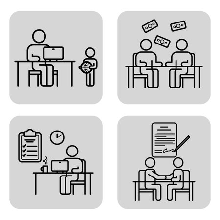 Series of icons depicting various business activities including meetings, task planning, and document signing. Workplace interactions and tasks conceptのイラスト素材