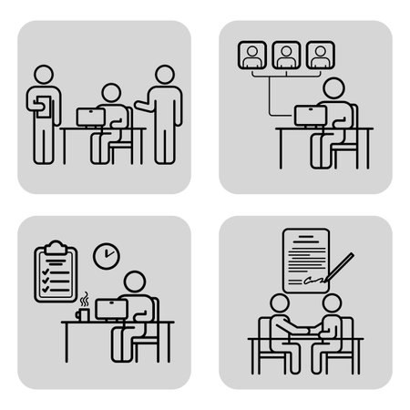 Set of line icons depicting various business activities, including meetings, virtual connections, task management, and document signing. Teamwork dynamics conceptのイラスト素材