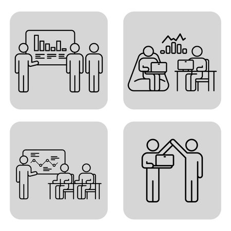 Collection of line icons representing business collaboration activities, including presentations, group discussions, and data analysis in professional environmentのイラスト素材