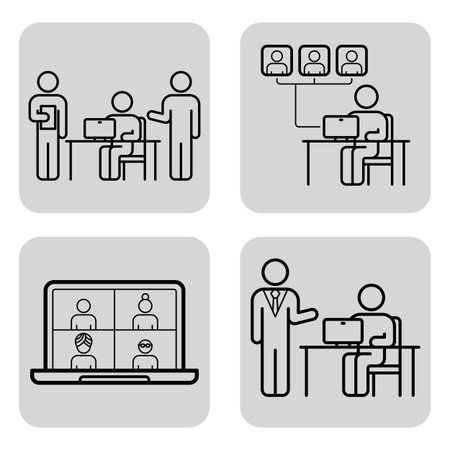 Collection of line icons depicting virtual collaboration. Group discussions, video calls, and remote meetings with varied participants and settingsのイラスト素材