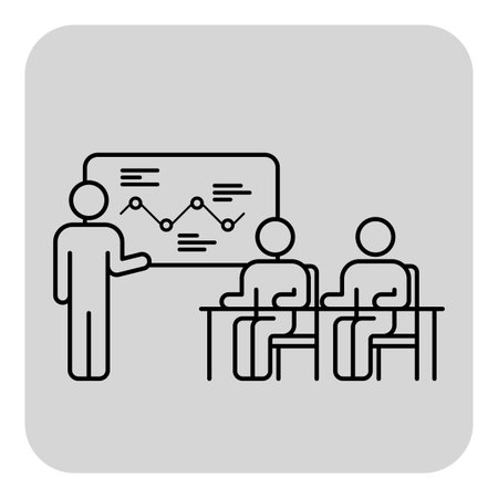 Business presentation with speaker illustrating key points on board while engaged participants listening attentively from their seats. Learning and interaction conceptのイラスト素材