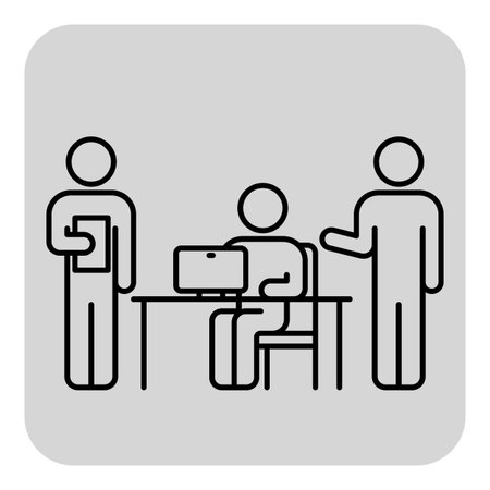 Two engaged individuals in collaborative discussion while third sitting at table using computer. Teamwork in modern office environment conceptのイラスト素材