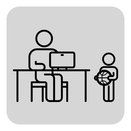 Parent sitting at desk using laptop while child standing nearby holding basketball in home office. Balance between work and play conceptのイラスト素材