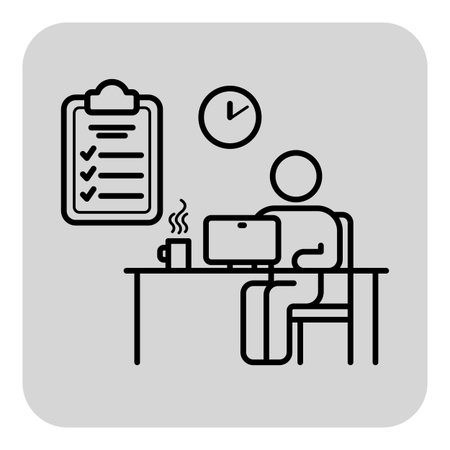 Person sitting at desk, focused on laptop. Checklist and clock indicating task management and time awareness, accompanied by cup of steaming coffeeのイラスト素材