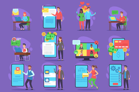 People engaged in various digital activities, including messaging, video conferencing, and online transactions. Modern technologies impact on daily interactions conceptのイラスト素材