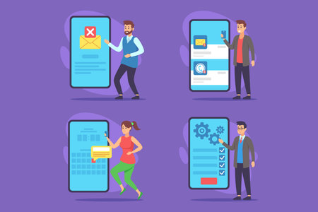 Various characters engaged with mobile devices showcasing digital communication such as messaging, email management, and notification checks in modern settingのイラスト素材