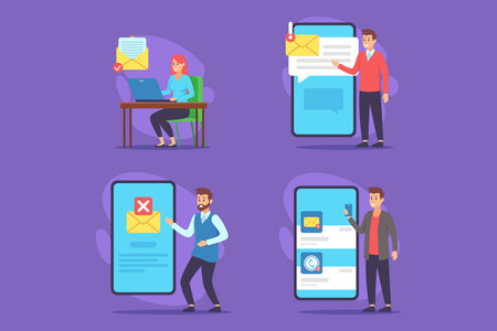Individuals engaged in various digital communication tasks, from checking emails to sending messages. Modern interaction methods conceptのイラスト素材