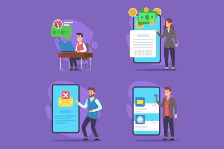 Characters engaged with mobile and desktop applications for managing finances, notifications, and communications. User-friendly interfaces and practical functionalities conceptのイラスト素材