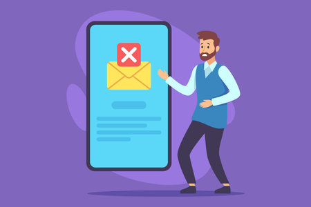 Man standing next to large smartphone displaying error notification about failed email delivery. Man standing frustrated and gesturing towards screen in colorful settingのイラスト素材