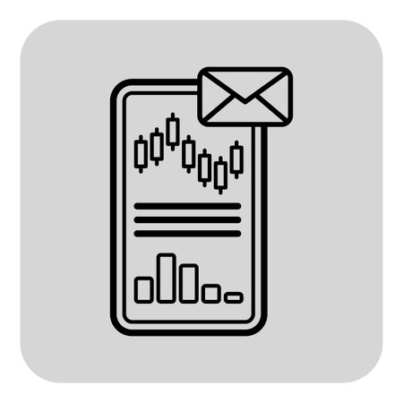 Design of mobile device displaying financial data with graphs and envelope icon. Concept of functionality of receiving updates and alerts on market movementsのイラスト素材