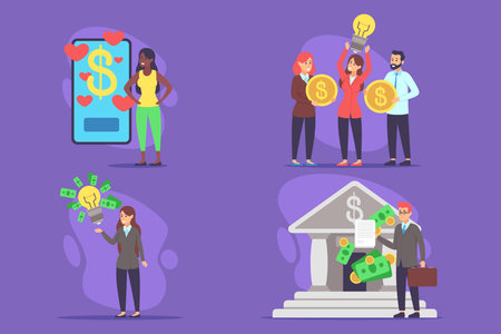 People engaged in various activities related to finance, including using mobile apps, teamwork with coins, lightbulb ideas, and banking transactions. Collaboration and innovation conceptのイラスト素材