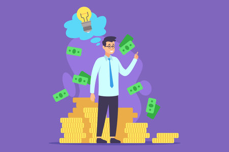 Businessman standing confidently with lightbulb above his head symbolizing inspiration, surrounded by stacks of coins and flying banknotes. Financial success conceptのイラスト素材