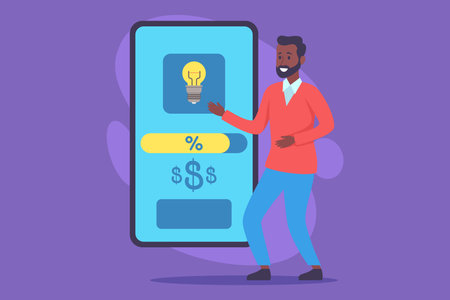 Man standing beside large mobile screen featuring light bulb symbol and financial indicators. Man gesturing enthusiastically, discussing savings and financial literacyのイラスト素材