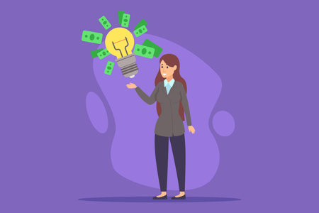 Businesswoman standing confidently, showcasing light bulb surrounded by dollar bills. Creativity and financial success conceptのイラスト素材