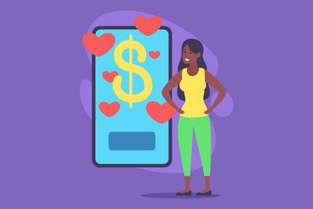 Woman standing confidently next to smartphone displaying dollar sign surrounded by hearts. Girl expressing joy, indicating positive financial outcome or achievementのイラスト素材