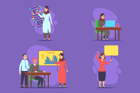 Collection of women engaged in various professional activities, including research, data analysis, and presentations. Women's contributions to science and technology conceptのイラスト素材