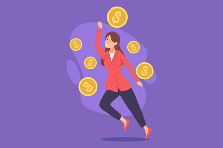 Woman dressed in red jacket joyfully raising her hand while coins floating around her. Financial achievement conceptのイラスト素材