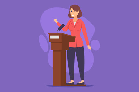 Confident speaker standing at wooden podium, addressing the audience with a smile. Presentation conceptのイラスト素材
