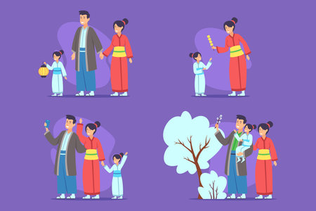 Family enjoying festive moments dressed in colorful traditional attire. People engaged in cultural activities, showing joy and connection during special occasion, possibly festivalのイラスト素材