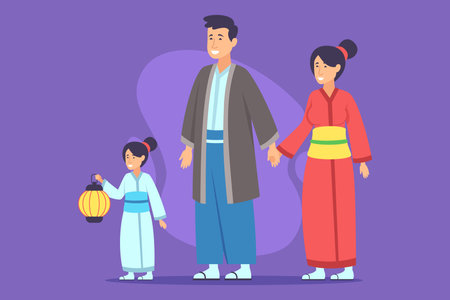 Family dressed in colorful traditional outfits enjoying festive moment. People holding hands while carrying child lanternのイラスト素材