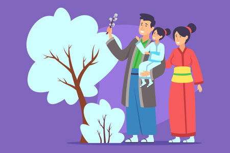 Family standing outdoors, with father holding child on his hip while mother holding flower branch. People surrounded by trees and colorful backgrounds, sharing joyful momentのイラスト素材