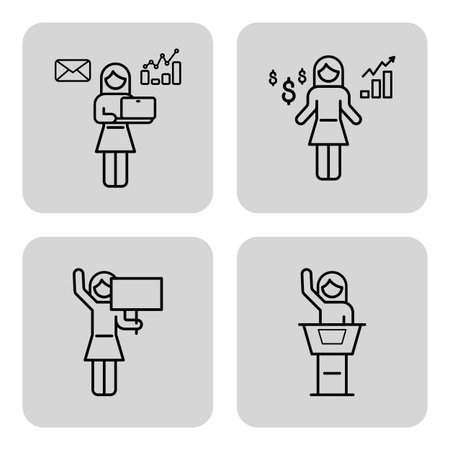 Collection of line icons illustrating various business activities, including data analysis, public speaking, and financial successのイラスト素材