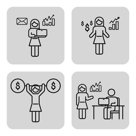 Collection of line icons depicting various business activities, showcasing individuals engaged in tasks like analysis, presentation, and productivity in professional environmentのイラスト素材
