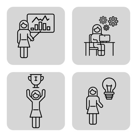 Set of line icons with four distinct illustrations. Person presenting data on chart, individual working on computer, award and idea conceptのイラスト素材