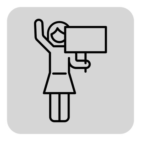 Cheerful woman standing and waving with one hand while holding blank sign in other hand. Engagement and communication conceptのイラスト素材
