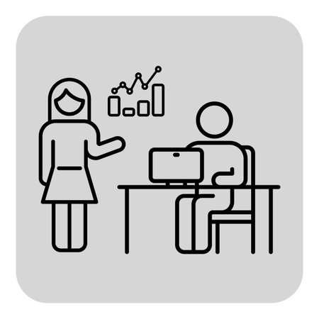 Woman presenting data to colleague sitting at desk with laptop. Presenter using visual aids like charts to illustrate key points clearlyのイラスト素材