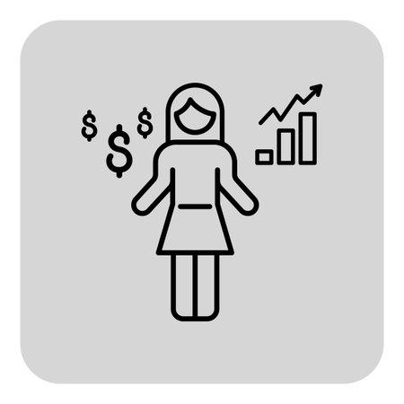 Simple line icon of smiling woman in dress surrounded by symbols of money and growth. Financial success and empowerment conceptのイラスト素材