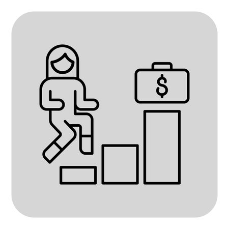 Simple line icon of person stepping up on blocks with briefcase featuring dollar sign. Progress and financial success in career conceptのイラスト素材
