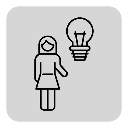 Line icon of woman in dress standing next to light bulb. Ideas, creativity, and inspiration conceptのイラスト素材