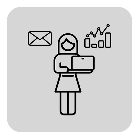 Woman standing confidently holding laptop, analyzing data trends displayed through graphs. Envelope icon symbolizing communication, enhancing tech-related activityのイラスト素材