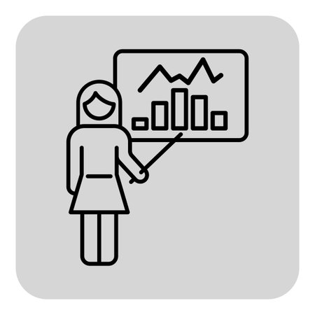 Woman standing confidently, using pointer to highlight statistical trends on display. Engagement and knowledge sharing in business contextのイラスト素材