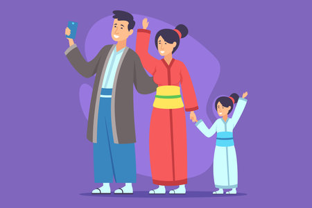 Cheerful family standing together, dressed in colorful traditional garments. People posing for selfie, with smiles and waves, capturing a joyful moment of unityのイラスト素材