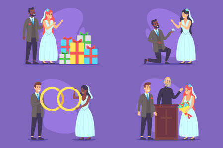 Couples engaged in various joyous activities related to marriage, including gift exchanges, proposals, wedding ceremonies, and ring sharing, amidst festive decoration and colorful elementsのイラスト素材