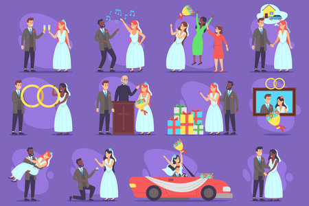 Vibrant collection of various moments from marriage celebration. Couples rejoicing with dancing, exchanging vows, and enjoying gifts in colorful atmosphereのイラスト素材