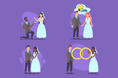 Collection of illustrations depicting various marriage moments, including proposal, couples holding hands, and exchanging rings. Joy and commitment conceptのイラスト素材