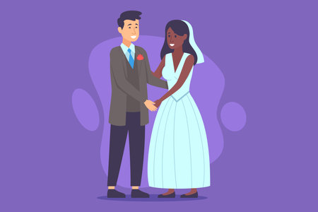 Happy couple standing together, smiling and enjoying their wedding day. They wearing wedding attire, surrounded by colorful backdrop. Love and commitment conceptのイラスト素材