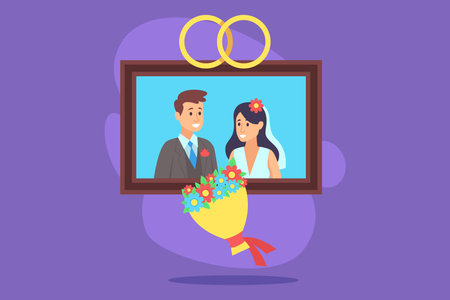 Joyful couple smiling in wedding portrait, surrounded by decorative rings. Bright bouquet symbolizing love and togetherness on this special dayのイラスト素材