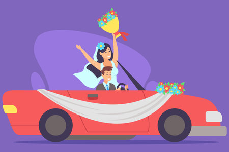 Happy couple driving in decorated convertible, bride waving bouquet joyfully. Moment of celebration conceptのイラスト素材