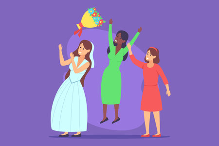 Joyful brides friend catching bridal bouquet while celebrating at wedding, showing excitement of moment with colorful attire and vibrant emotionsのイラスト素材