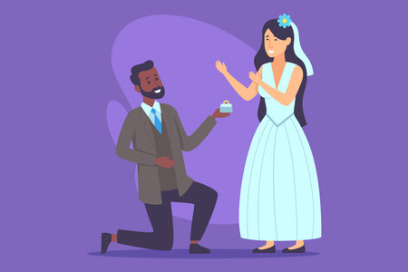 Couple enjoying romantic engagement moment, with man kneeling and presenting ring to smiling woman, dressed in beautiful gownのイラスト素材
