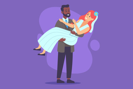 Happy couple enjoying their wedding day, with the groom lifting the bride in his arms. People surrounded by vibrant, colorful backdrop highlighting their joyful expressions and celebrationのイラスト素材