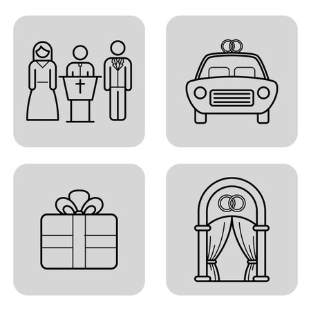 Collection of line icons representing important aspects of marriage, including couple, officiant, car, gifts, and decorative archのイラスト素材