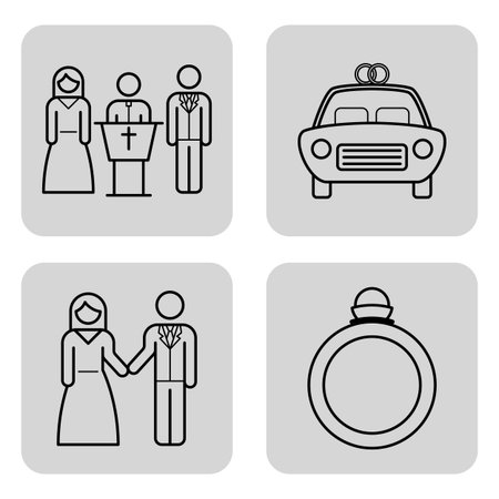 Set of line icons depicting various aspects of marriage, including ceremony with couple and officiant, wedding car, and ring. Wedding traditions conceptのイラスト素材