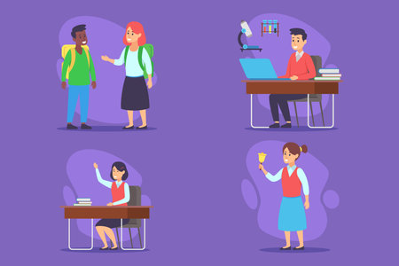 Students participating in various educational activities, showcasing collaboration and individual learning. Interactions between peers and study at desks conceptのイラスト素材