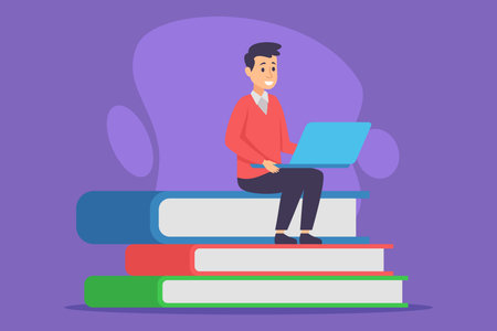Young student sitting comfortably on stack of colorful books while using laptop. Education and learning conceptのイラスト素材